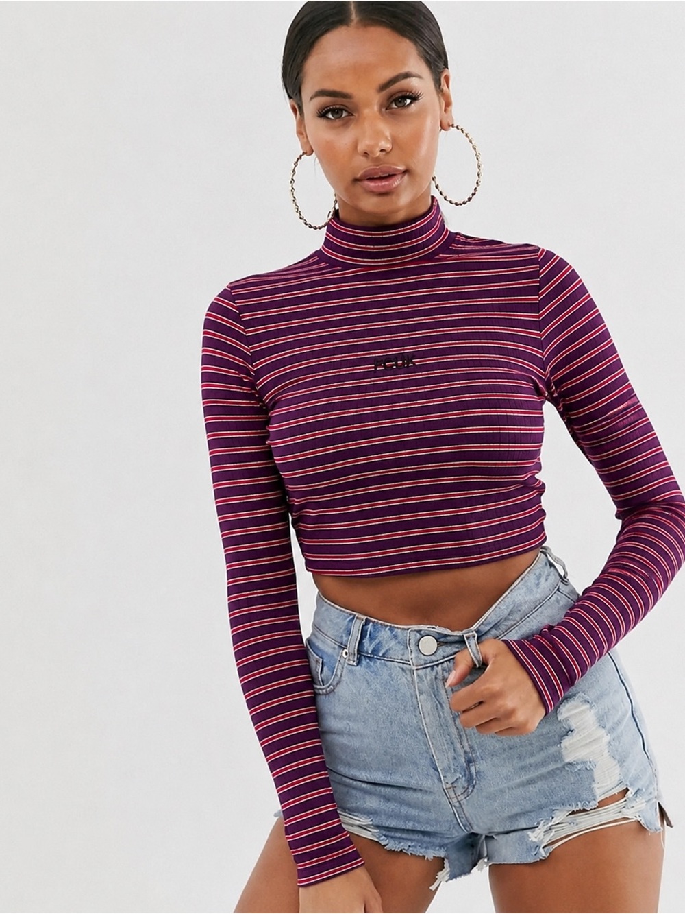 French Connection FCUK Y2K Ribbed Striped Mock Neck Crop Top XS